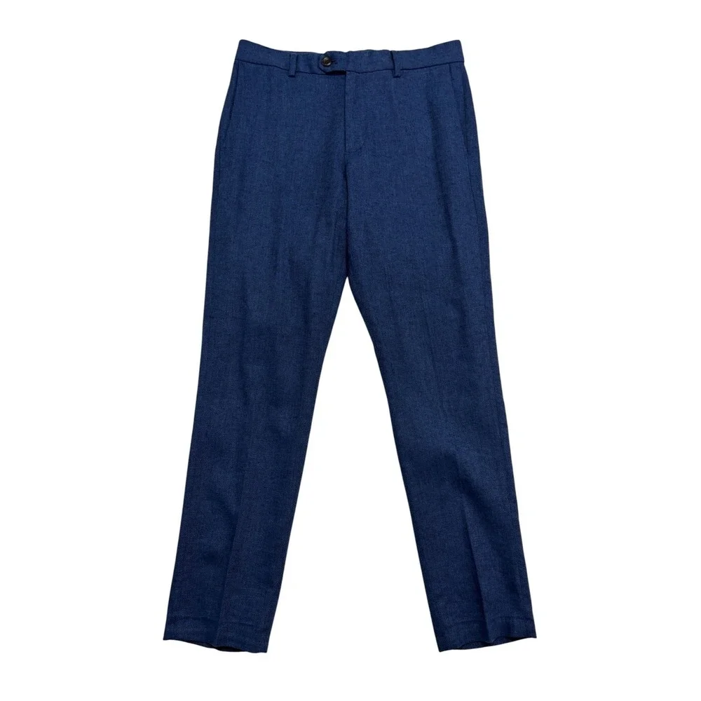 Banana Republic 30x30 Navy Blue Herringbone Linen Cotton Pants Trousers Tailored